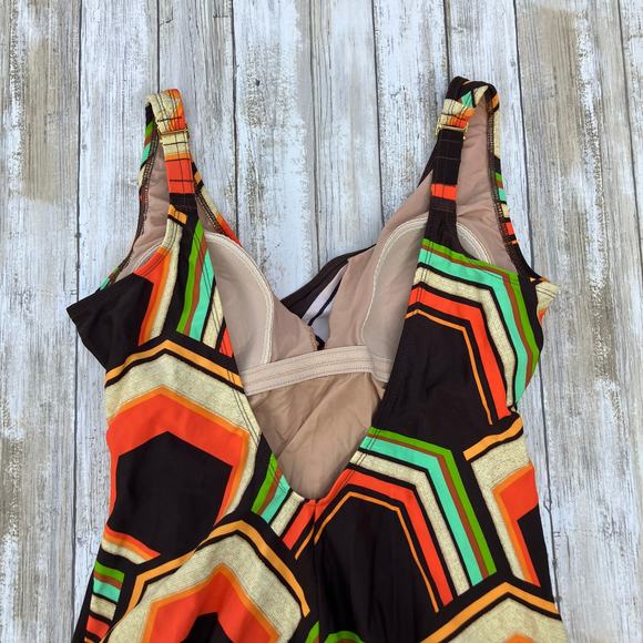 Tara Grinna Swimsuit Sz 14 One Piece Faux Wrap Brown Orange Retro Geometric - Picture 5 of 15